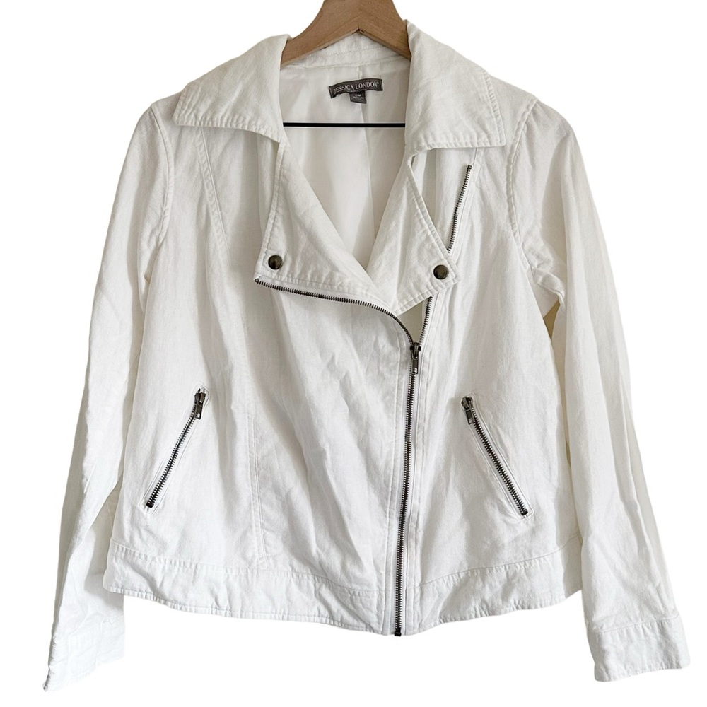 JESSICA LONDON White Linen Blend Asymmetrical Moto Jacket 12W Plus Size